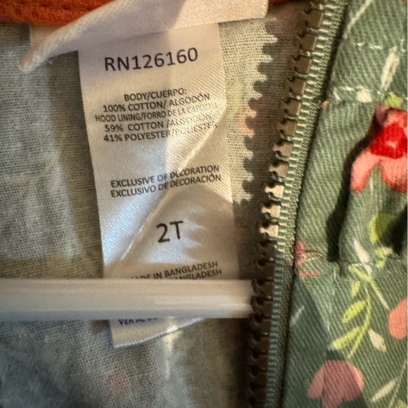 Little Lass girls' green floral cotton blend zip-up hooded utility jacket 2T - Picture 4 of 5